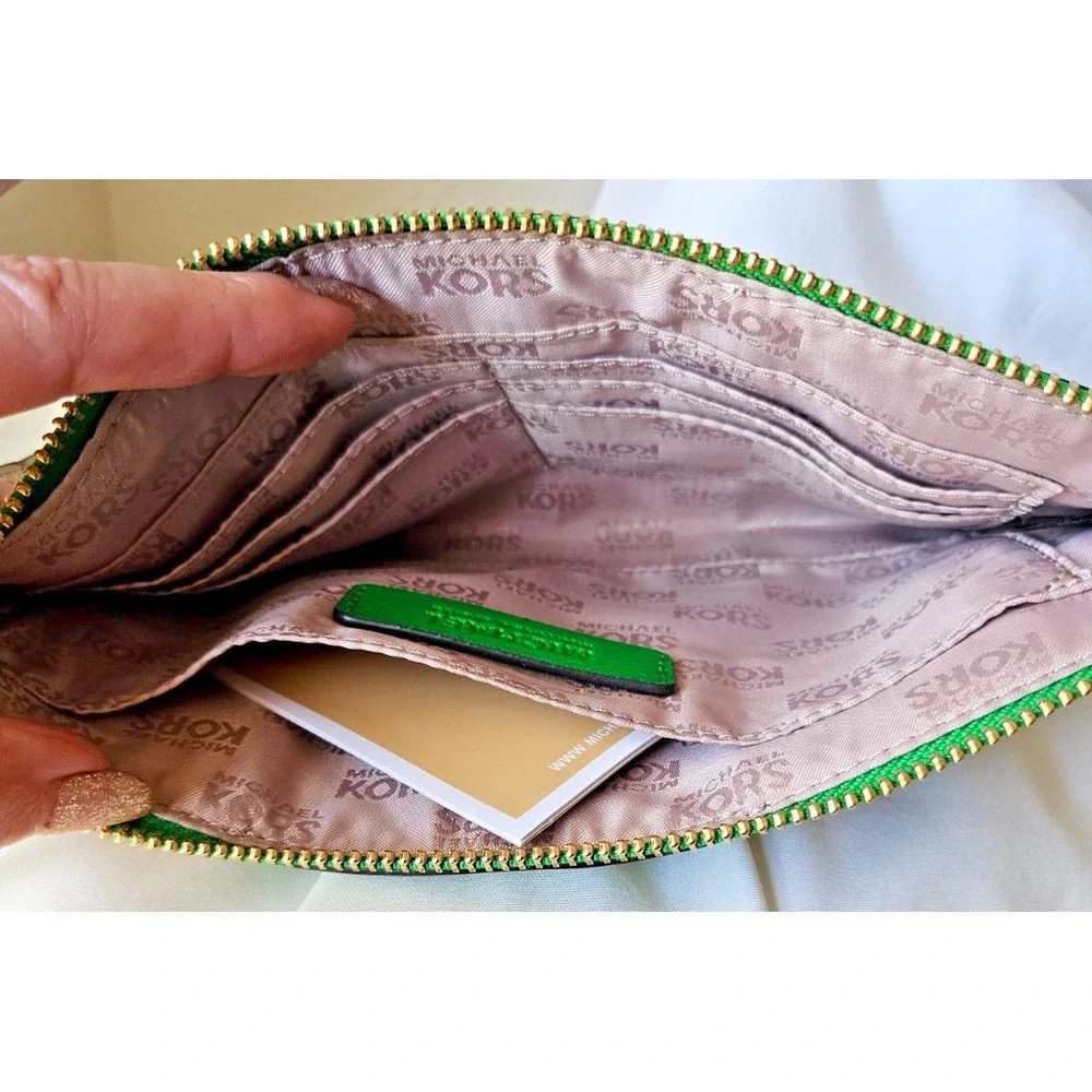 Michael Kors Jet Set LARGE Wristlet/Clutch Green with Beige MK Monogram, 10x5.5